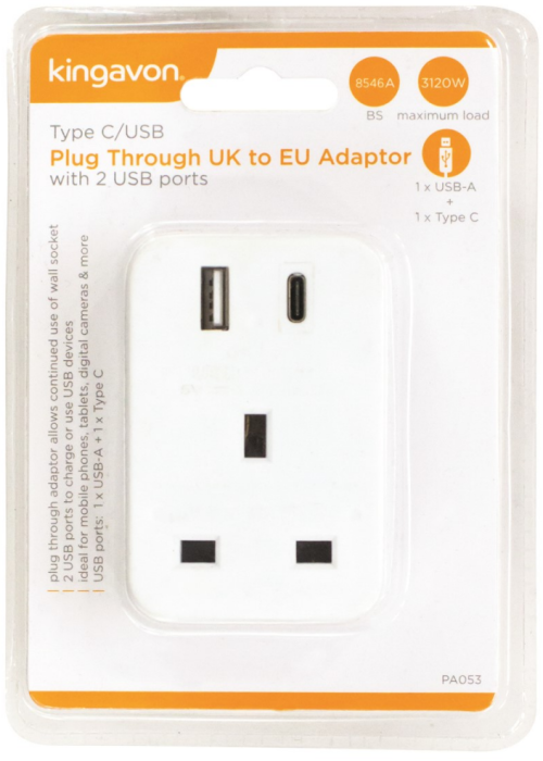 Kingavon Type C/USB Plug Through UK to EU Adaptor