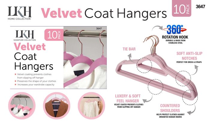 LKH Pink Velvet Hanger Rose Gold Hook 10 pack