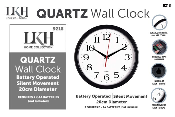 LKH Quartz Wall Clock Black 20cm