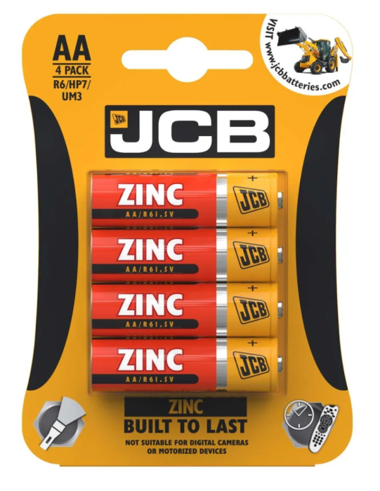 JCB AA R6 Zinc Batteries HP7 UM3 4 pack