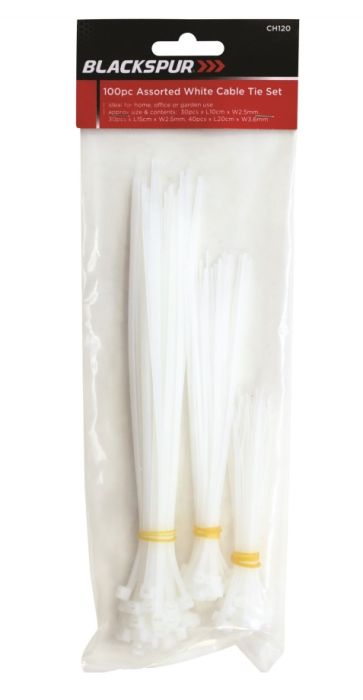 Blackspur White Cable Tie Assorted 100 pack