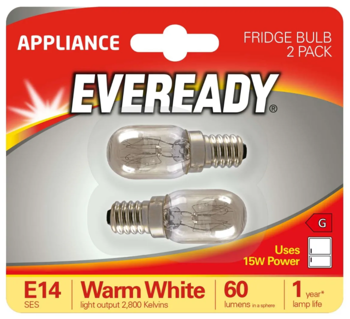 Eveready Fridge Bulb E14 SES 15w Warm White 2 pack