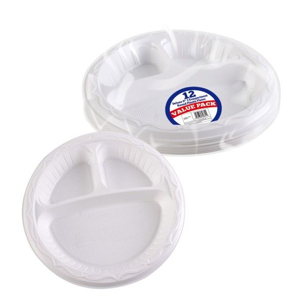 DID Compartment Round Plastic Plates 12 pack