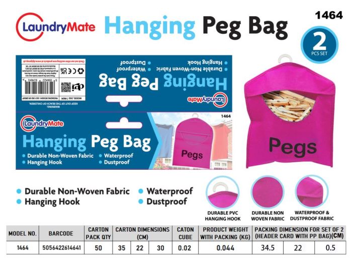 LaundryMate Hanging Peg Bag Pink 2 pack
