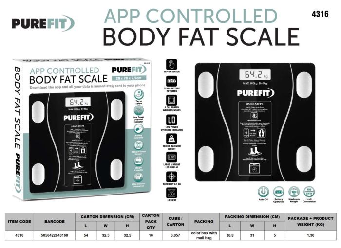 PureFit Black App Controlled Body Fat Scale Square 180kg
