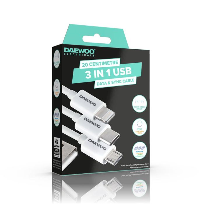 Daewoo 3 In 1 USB Charger Lead 20cm
