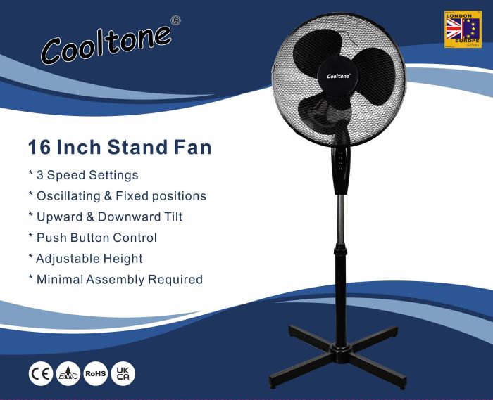 Cooltone Adjustable Height Pedestal Black Fan 16in
