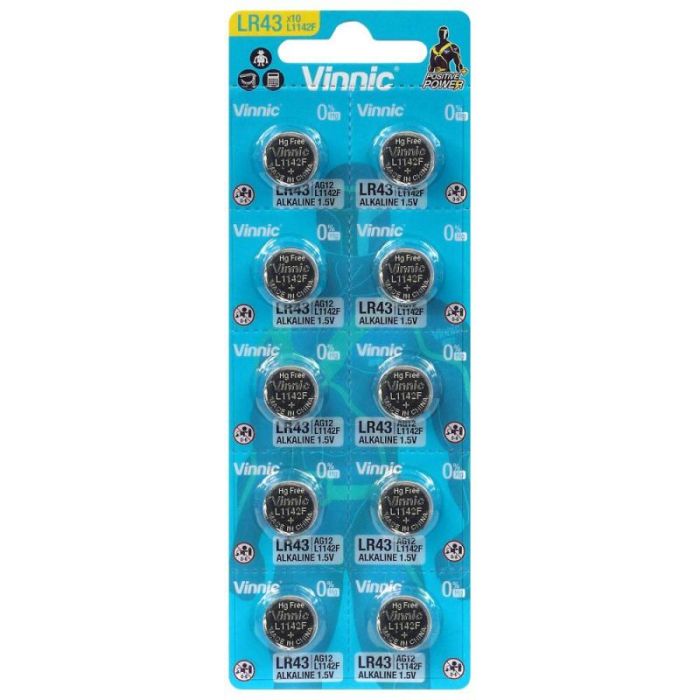 Vinnic LR43 AG12 Batteries 1.5V 10 pack