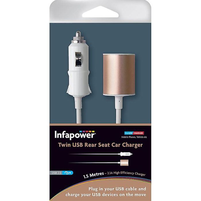 Infapower Twin USB Rear Car Seat Charger 1.5m