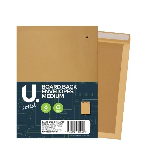 Board Back Envelopes Medium 162 x 229mm 6 pack