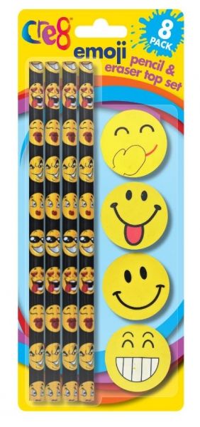 Cre8 Emoji Pencil & Eraser Top Set 8 pack
