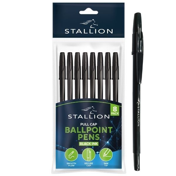 Stallion Ballpoint Pens Black 8 pack