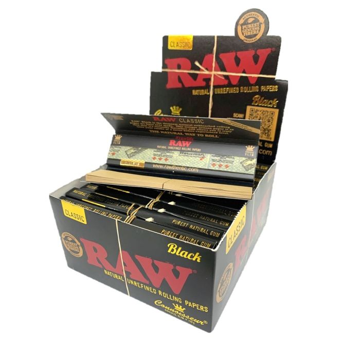Raw Black Classic Natural Unrefined Rolling Papers - Connoisseur King Size Slim + Tips - Pack Of 24 - 32 Leaves Per Pack - 32 Tips Per Pack
