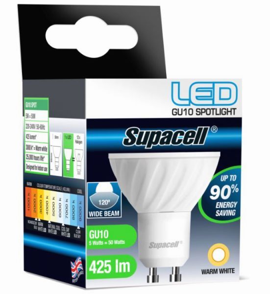 Supacell LED Gu10 Spotlight Wide Beam 5W Bulb-Warm White
