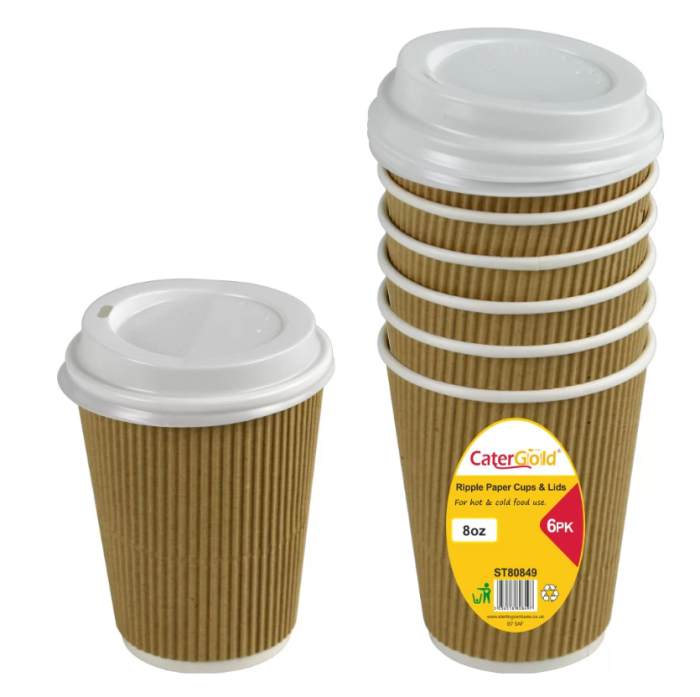 CaterGold Ripple Paper Cups & Lids 6 pack
