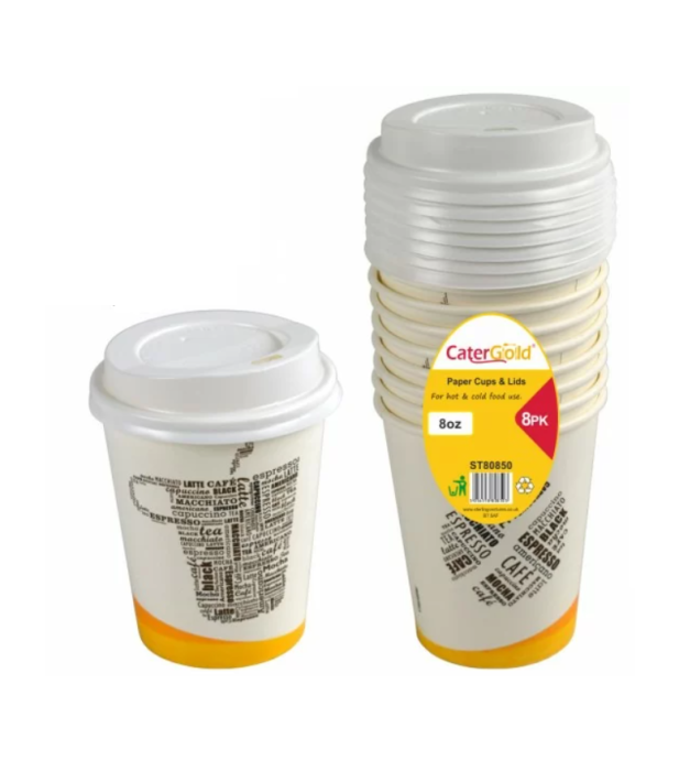 CaterGold Paper Cups & Lids 8oz 8 pack