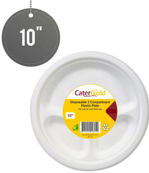 CaterGold 3 Compartment Compostable Sugarcane Plates 10" 8 pack